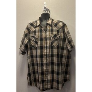 Ely Cattleman Mens XXL Tall Casual Button Up Shirt Brown Plaid ‎ Pearl Snap